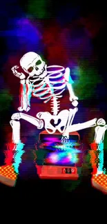 Vibrant skeleton with glitch effect in neon colors, modern wallpaper.