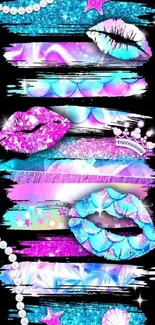 Vibrant abstract glitter art wallpaper with lips and stars.