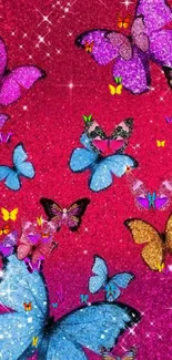 Glittery butterflies on a pink phone wallpaper background.