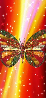 Vibrant glitter butterfly with a colorful starry background.