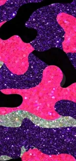 Vibrant glitter camouflage wallpaper in pink, purple, and black hues.