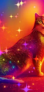 A vibrant, glittery cat against a colorful, radiant background.