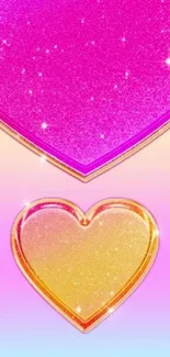 Colorful glitter heart wallpaper with vibrant pink and gold hues.