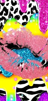 Vibrant glittery lips on colorful background with animal prints.