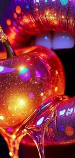 Close-up of glittery lips holding a sparkling cherry.