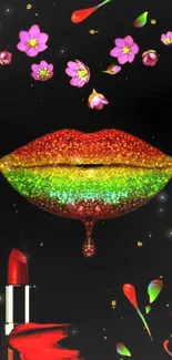 Black background with glittery rainbow lips and flowers mobile wallpaper.