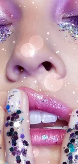 Vibrant purple glitter makeup artwork on mobile wallpaper.