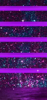 Vibrant magenta glitter wallpaper with floating shelves.