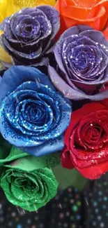 Glitter-covered rainbow roses in vibrant colors.