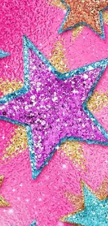 Colorful glitter star wallpaper on pink background