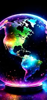 Colorful, glowing globe on dark background.