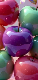 Colorful glossy apples in vibrant digital art wallpaper.