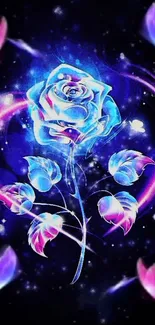 Glowing blue rose on dark cosmic background.