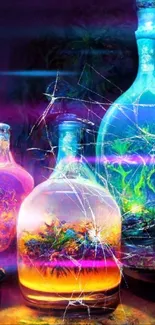 Colorful glowing bottles in a fantasy scene, vibrant wallpaper.