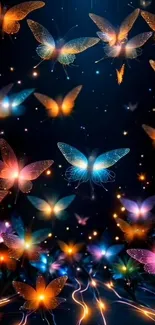 Colorful glowing butterflies on dark background.