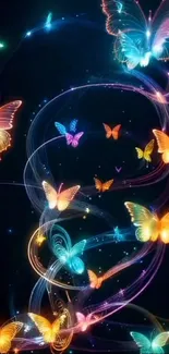 Vibrant glowing butterflies on a dark background.