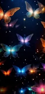 Colorful glowing butterflies on dark background.