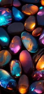 A vibrant mobile wallpaper with glowing gemstones in diverse colors