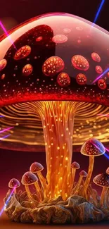 Vibrant digital artwork of glowing mushrooms in red hues.