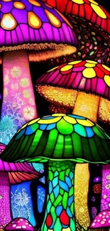 Vivid mobile wallpaper with glowing psychedelic mushrooms in vibrant colors.