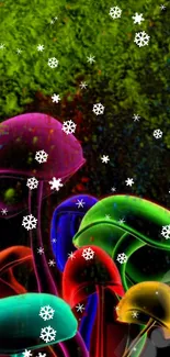 Vibrant wallpaper of glowing mushrooms with whimsical snowflakes on a dark background.