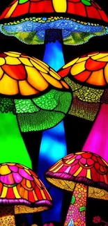 Vibrant and colorful glowing mushrooms in psychedelic art style.