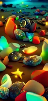 Colorful pebbles with glowing neon light on a serene beach.