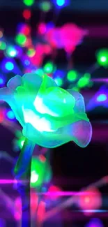 Neon green glowing rose with colorful lights in the background.