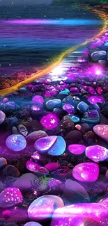 Vibrant beach with glowing stones at night, perfect for mobile wallpaper.