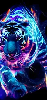 A vibrant, glowing neon tiger leaps on a dark background in this digital wallpaper.