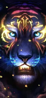 Vibrant glowing tiger face in neon colors and dark background wallpaper.