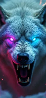 Neon-lit wolf with vibrant glowing eyes in digital artwork.