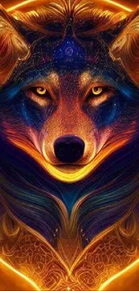 Vibrant, glowing wolf illustration with intricate, luminous designs.