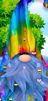 Colorful gnome in rainbow hat with blue sky background.