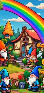 Colorful illustration of gnomes and rainbow.