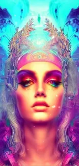 Vibrant goddess-themed art wallpaper with neon colors.