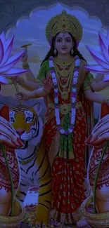 Hindu goddess with lotus flowers and tiger