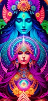 Colorful goddess artwork with blue hues on a mobile wallpaper.