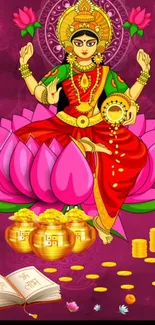 Colorful goddess seated on a lotus with golden coins and vibrant background.