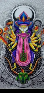 Colorful goddess artwork with intricate patterns on black background.