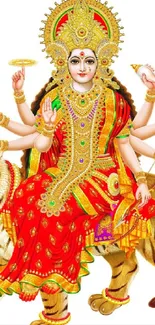 Vibrant Goddess Durga on a tiger with multiple arms, adorned in traditional attire.