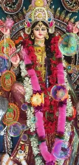 Colorful Goddess Durga statue with garlands.