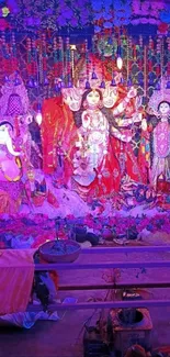 Colorful depiction of Goddess Durga with vibrant hues and traditional decor.