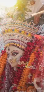 Vibrant image of Goddess Durga with colorful garlands and intricate details.