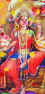 Vibrant depiction of Goddess Durga in traditional style with orange hues.