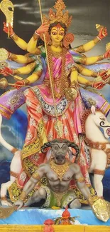 Intricate Durga statue with vibrant colors and cultural significance.