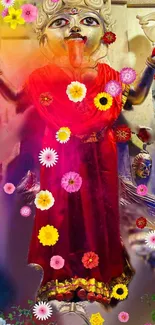 Vibrant goddess with colorful flowers, spiritual art.