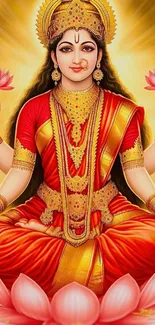 Goddess Lakshmi depicted in vibrant colors, seated on a lotus, exuding divine grace.