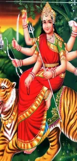 Multi-armed goddess riding a tiger, vibrant colors.