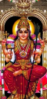Colorful Hindu goddess illustration on throne.